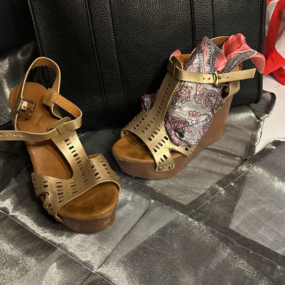 Gold and Brown Wedge Sandals